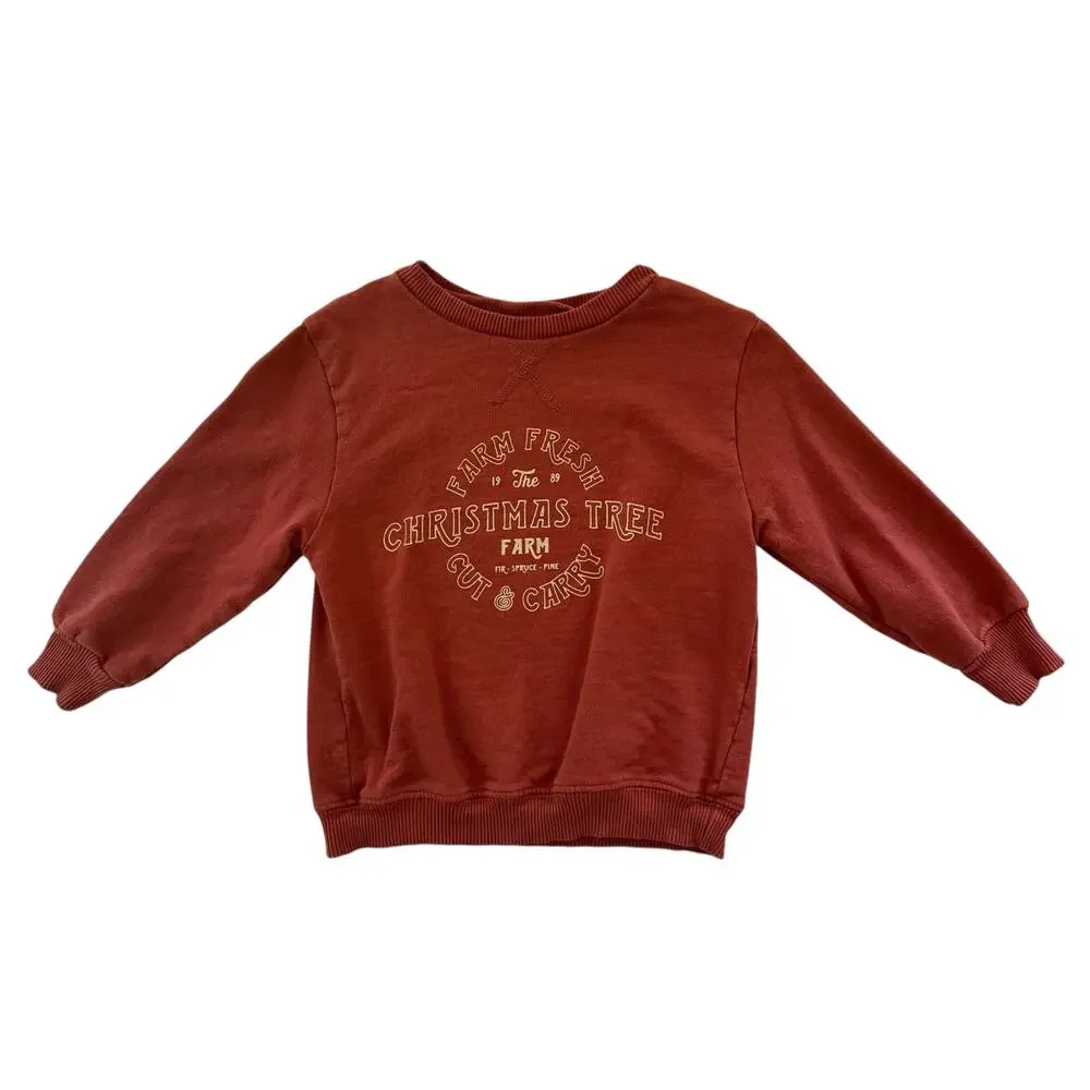 June & Grey Christmas Tree Farm Pullover Crew Sweatshirt Size 2
